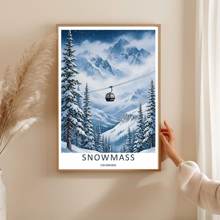 A detailed artistic Snowmass Colorado travel poster displaying a deep teal sky over a scenic gondola path in the Rocky Mountains, selectable as an elegant canvas format or a loose matte poster print.