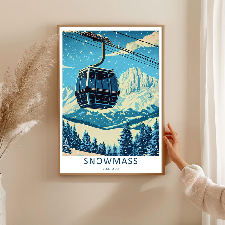 A bold vector graphic travel poster capturing the historic alpine trails and dramatic mountain heights of Snowmass Colorado, ready to order as an unframed print or a natural wood framed wall art piece.