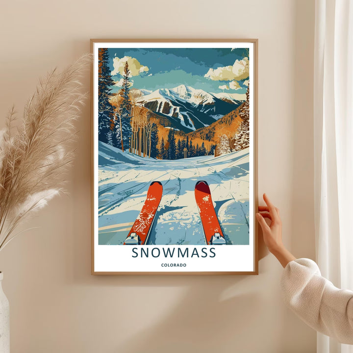 Bright and colorful winter decor featuring a pair of vintage red skis heading down the mountain slopes of Snowmass Colorado, purchasable as a wrapped canvas or a premium white frame.
