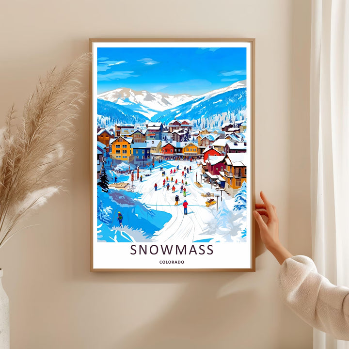 A detailed artistic Snowmass Colorado travel poster displaying a dynamic view of skiers navigating a snowy mountain valley, selectable as an elegant canvas format or a loose matte poster print.