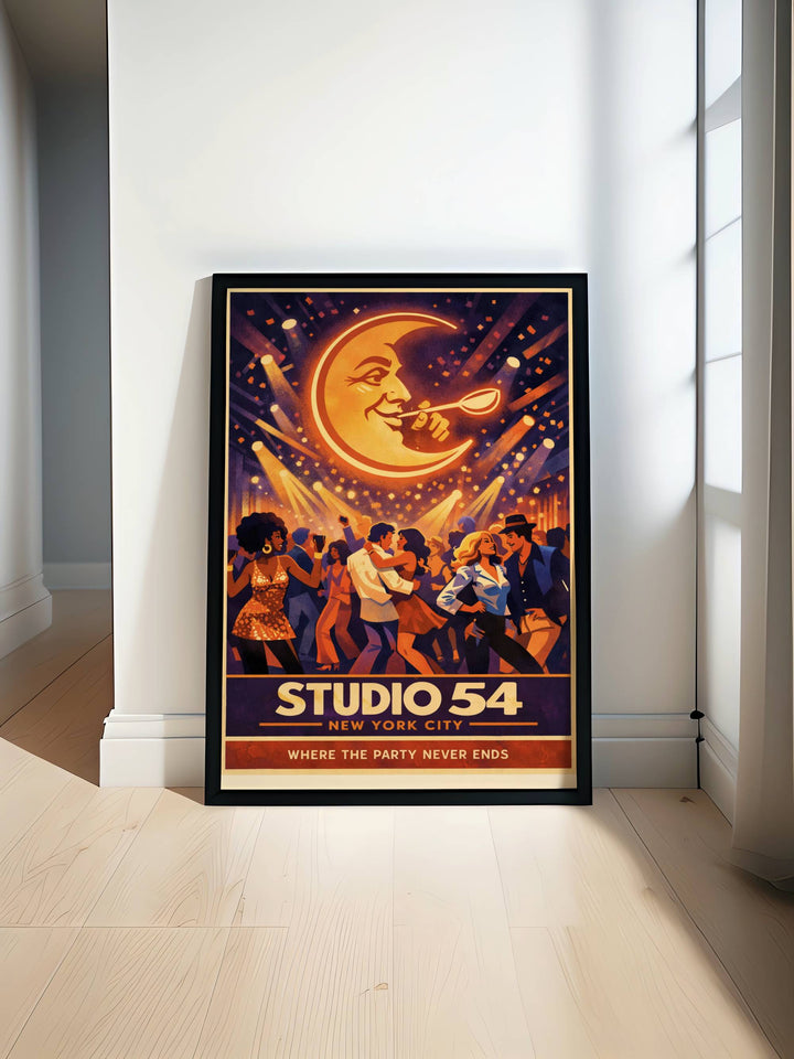 Studio 54 New York City Nightclub Wall Art featuring the iconic glowing Man in the Moon and a vibrant disco dance floor scene in a retro vintage travel poster illustration style.