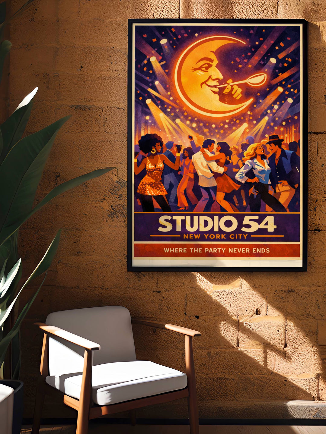 Nightclub wall art Studio 54 New York City illustration with a unique screen-printed texture effect that captures the authentic look of a rare 1970s collectible music poster.