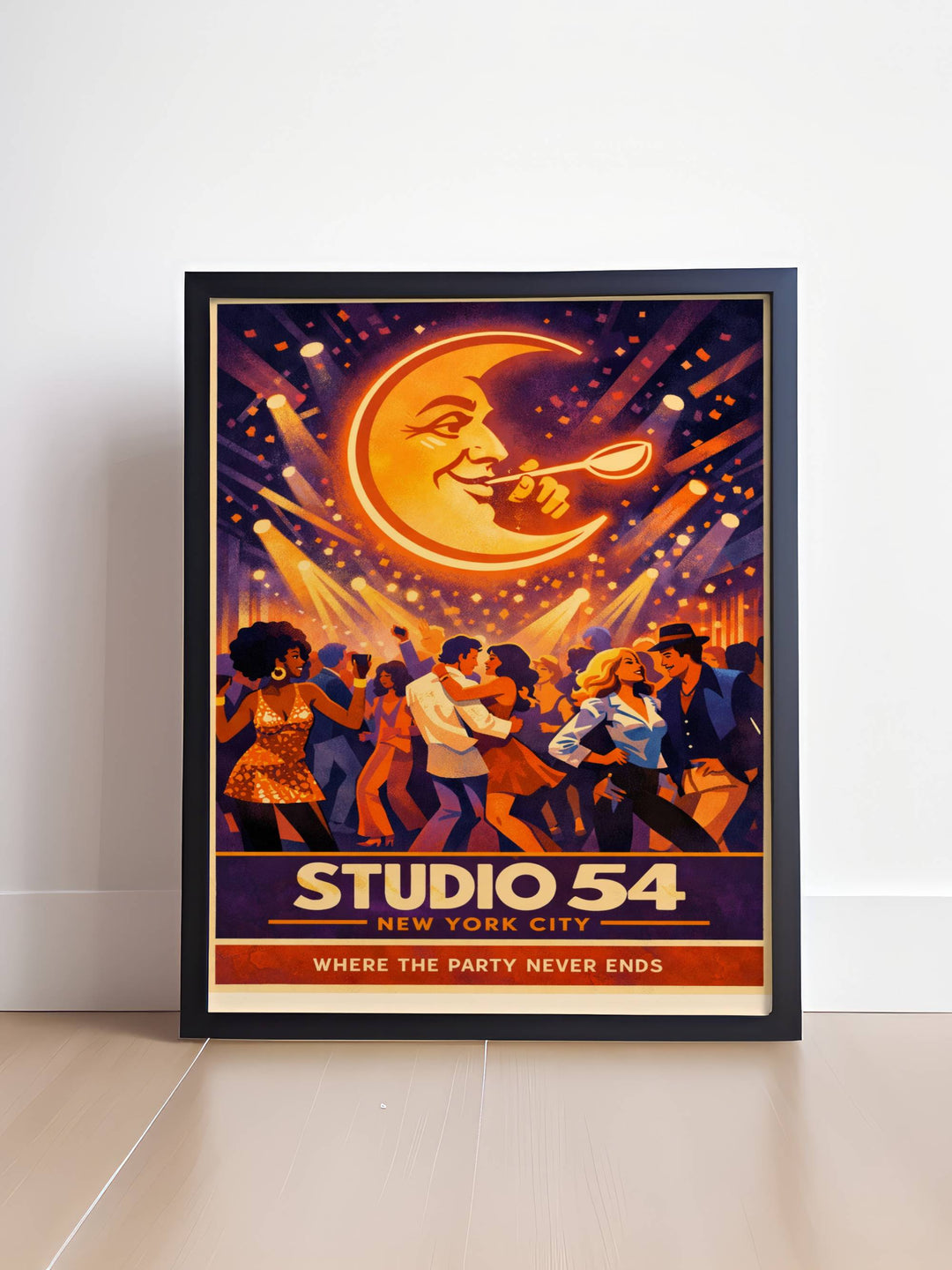 Vintage Studio 54 NYC poster for home bar decor showing dancers in 1970s fashion under golden spotlights and shimmering confetti in a luxury Manhattan nightclub setting.