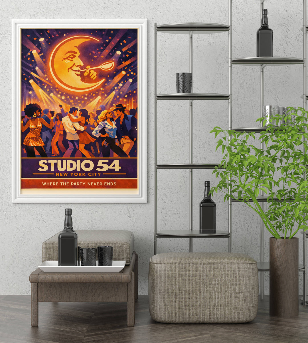 Detail view of Studio 54 nightclub wall art highlighting the high-quality archival paper texture and rich purple and orange Giclee inks used in this premium music-themed print.