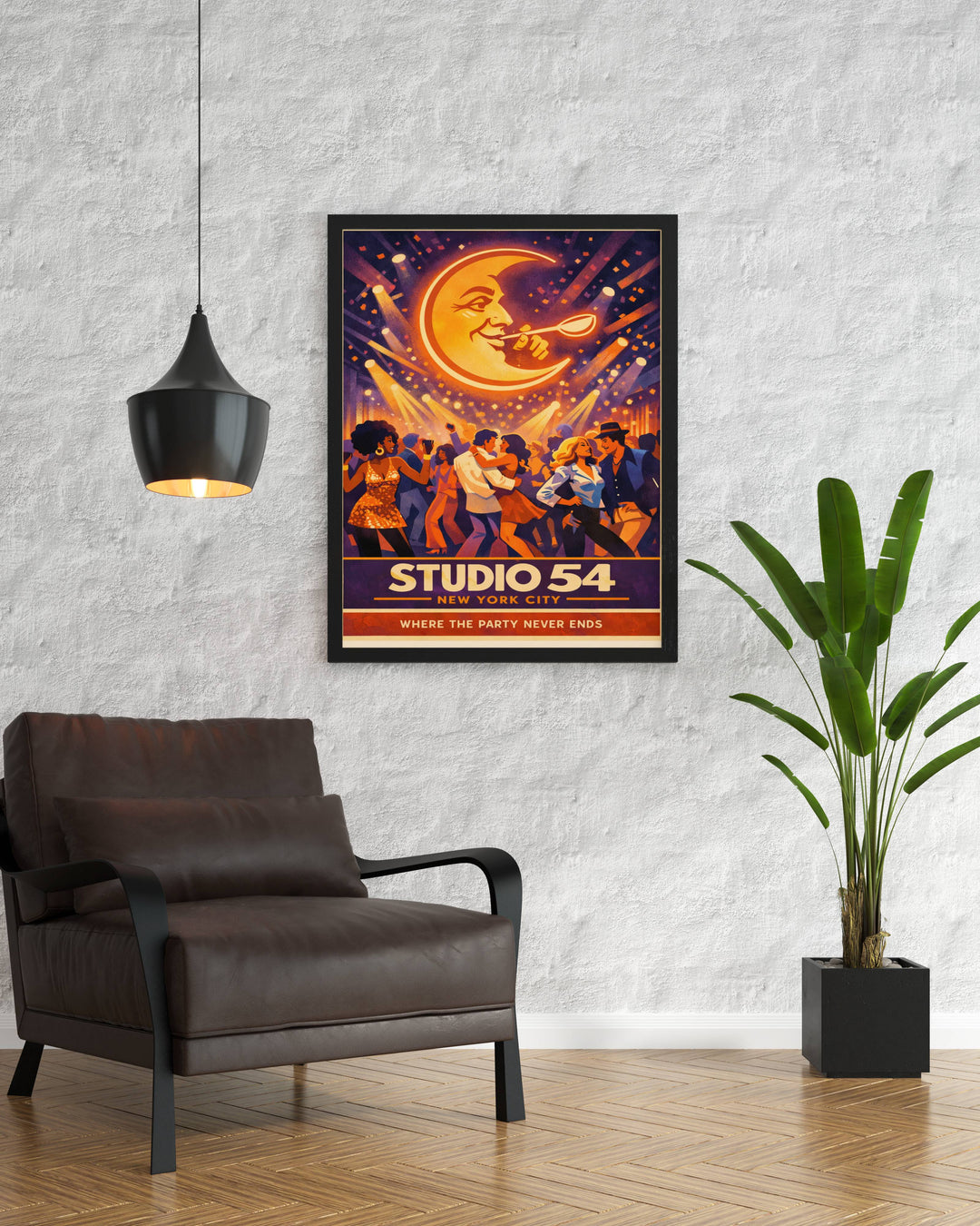 Studio 54 Manhattan nightlife wall decor in a sleek black frame hanging in a modern apartment, showing the versatile aesthetic of our nightclub wall art collection.