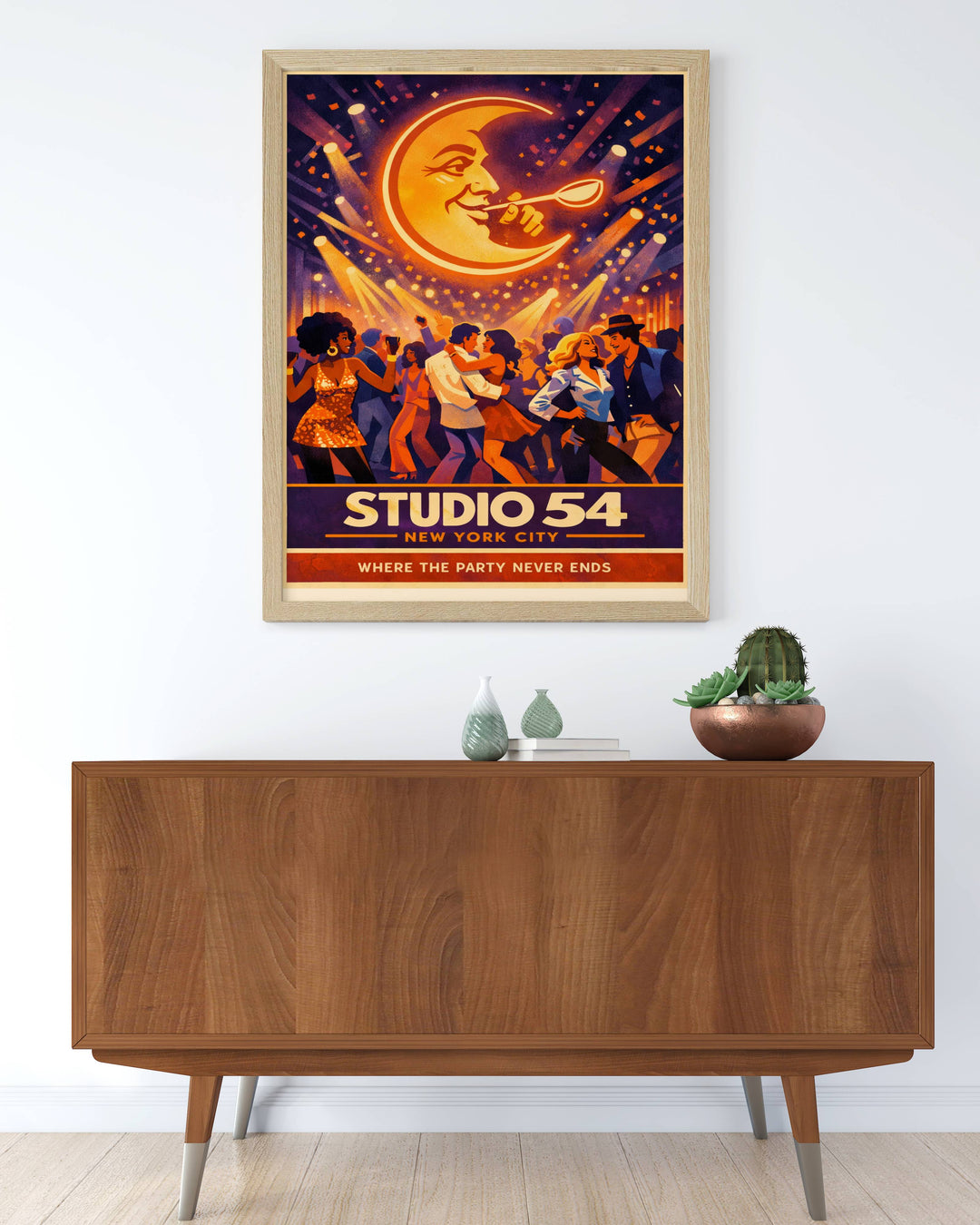 Gallery-wrapped Studio 54 canvas wall art side view showing the depth and vibrant neon orange glow of the moon graphic against a dark and moody nightclub interior background.