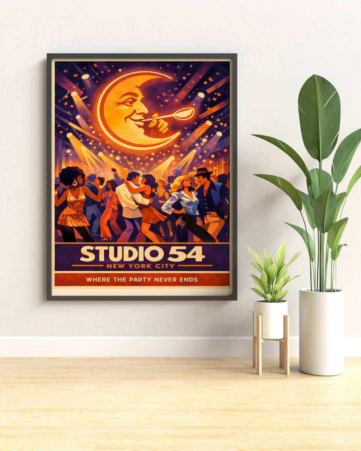Studio 54 NYC nightclub art print styled in a mid-century modern office, demonstrating how vintage disco decor can elevate a professional workspace with a touch of NYC glamour.