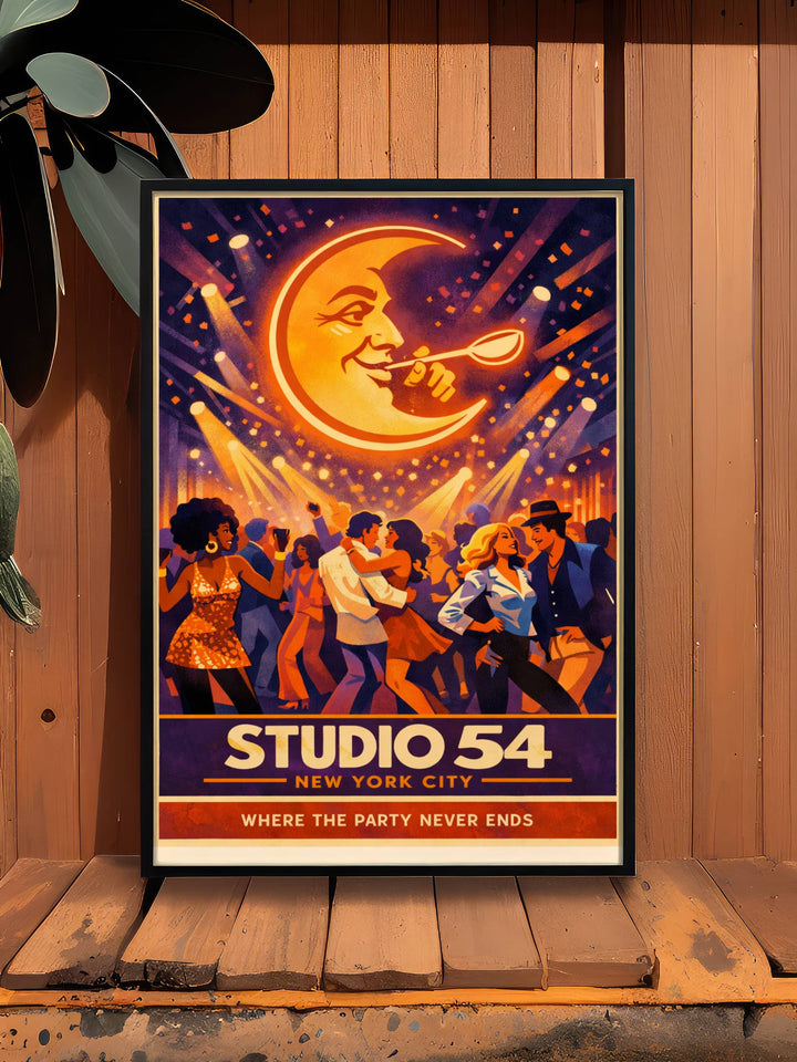Retro Studio 54 NYC poster gift idea for music fans, featuring the legendary moon with a spoon iconography that defined the golden age of disco and Manhattan nightlife culture.