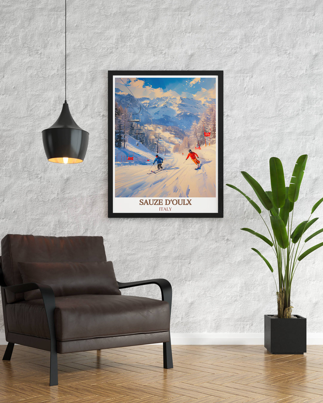 Stunning Ski Resort Framed Art featuring Sauze dOulx, showcasing the serene beauty and sophisticated allure of this top skiing destination.