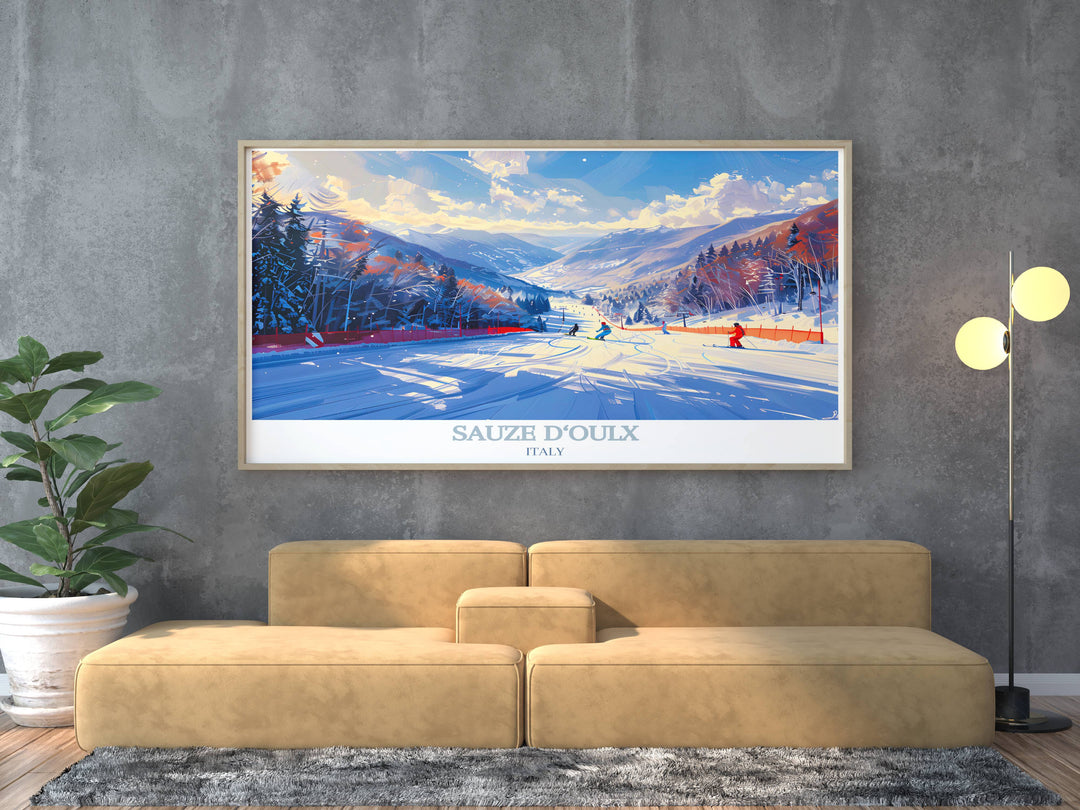 Stunning Ski Resort Wall Art featuring Sauze dOulx, showcasing the serene beauty and sophisticated allure of this top skiing destination.