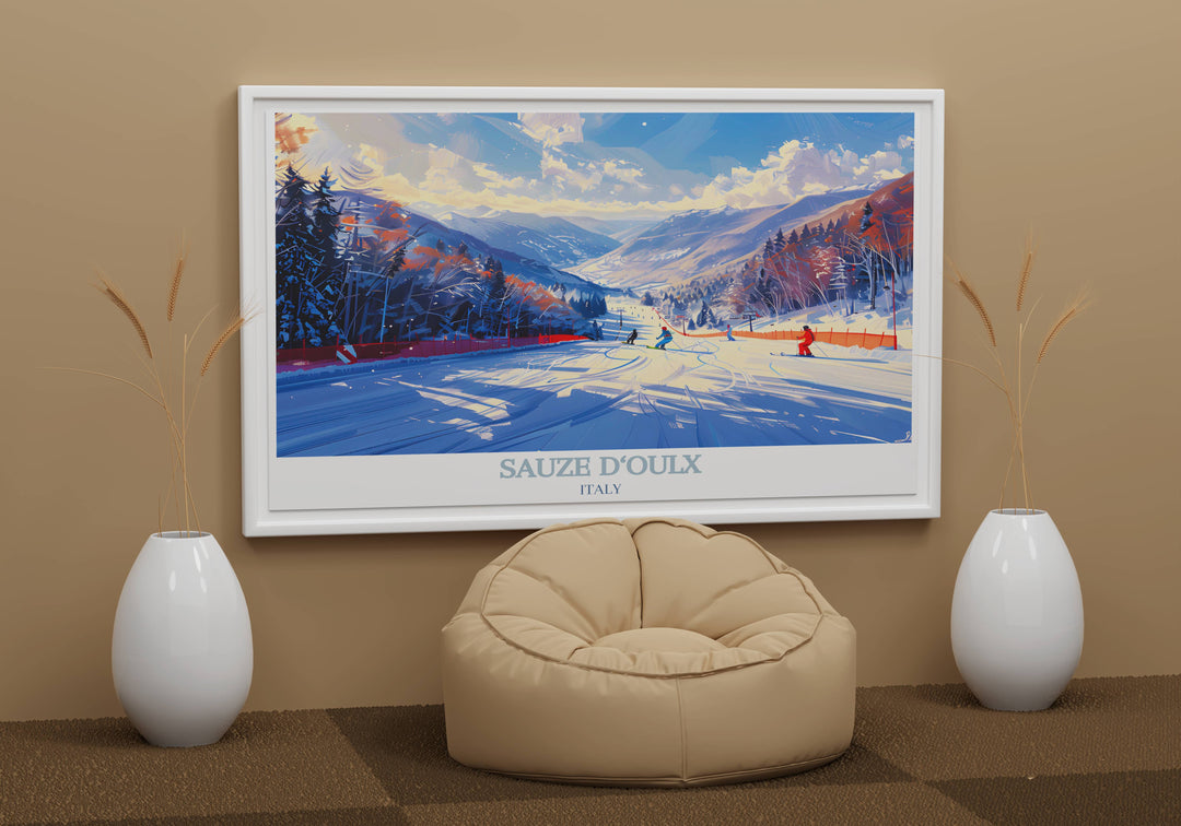 Beautiful Ski Resort Posters highlighting the dynamic ski slopes and picturesque scenery of Sauze dOulx, perfect for any decor.