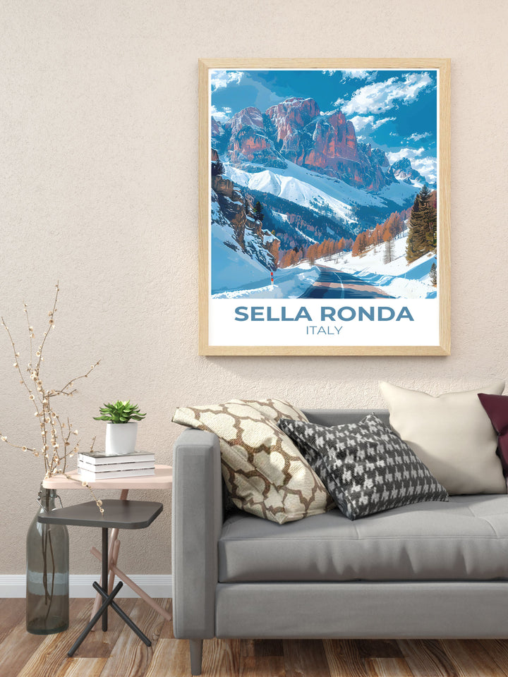 Stunning Sella Ronda Ski Circuit Framed Art featuring the Dolomites, showcasing the serene beauty and sophisticated allure of this top skiing destination.