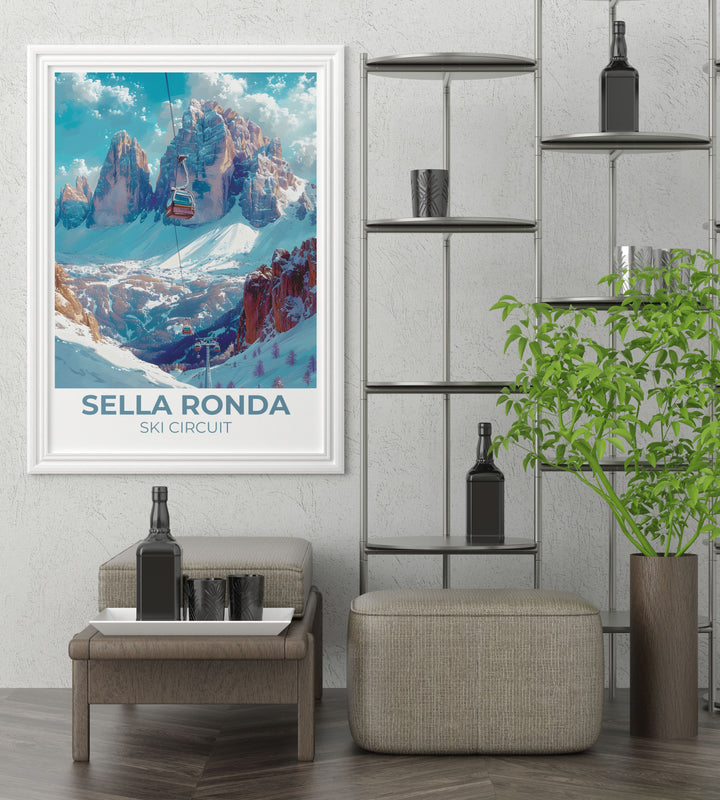 Beautiful Custom Posters of Sass Pordoi highlighting the dynamic ski slopes and picturesque scenery of this renowned ski resort, perfect for any decor.