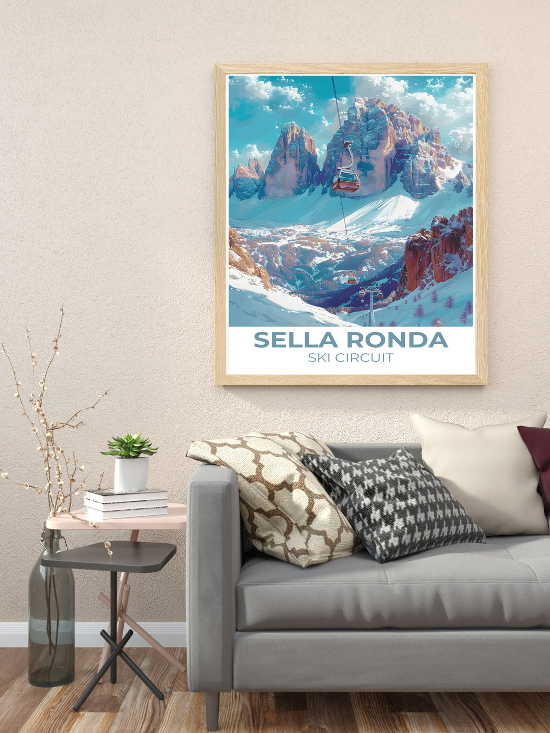 Stunning Sella Ronda Ski Circuit Wall Art featuring the Dolomites, showcasing the serene beauty and sophisticated allure of this top skiing destination.