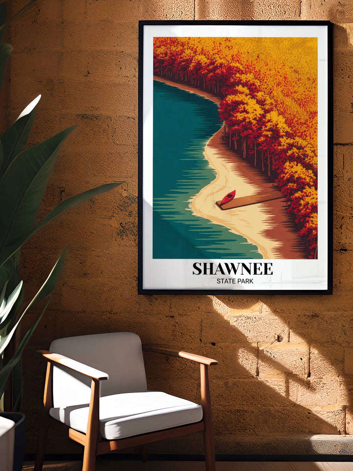 Shawnee State Park Ohio travel poster in a gallery-style presentation with off-white borders, evoking the beauty of the "Little Smokies" through a modern, artistic lens.