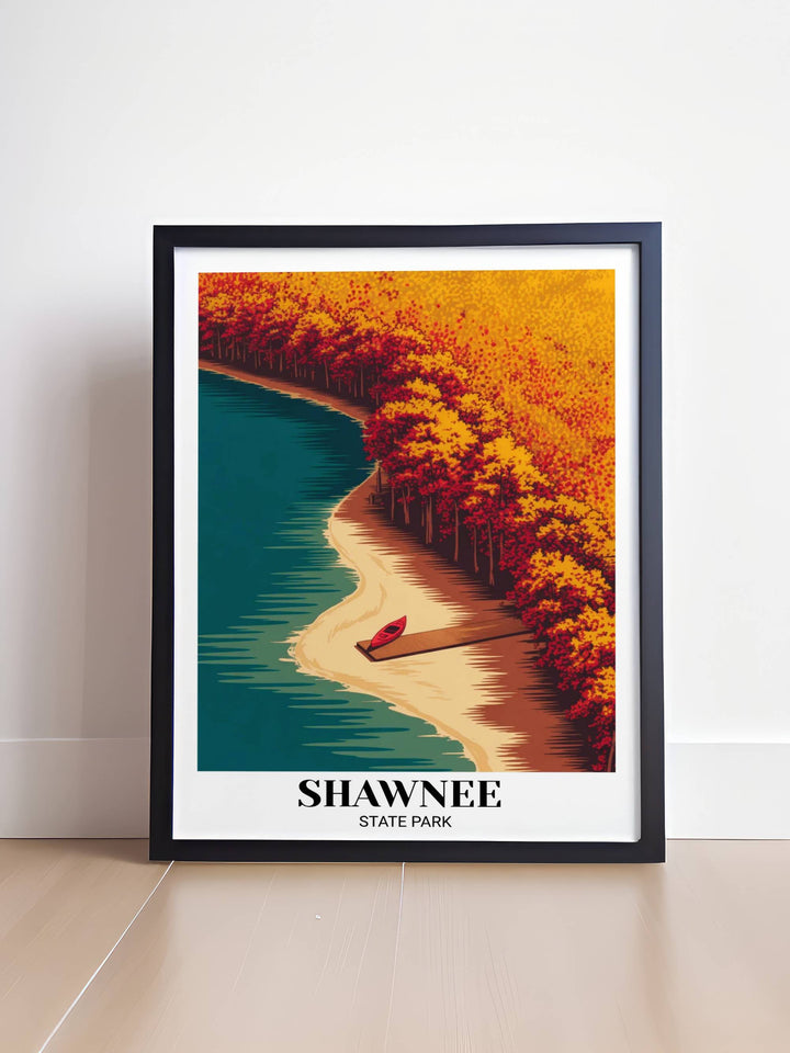 Contemporary Ohio state park wall decor with a focus on color and geometry, perfect for travelers and design lovers looking for a non-traditional take on the Shawnee scenery.