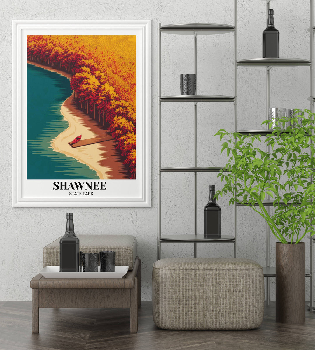 Abstract Ohio nature art showing a top-down perspective of the Shawnee forest meeting deep blue lake water, styled in a minimalist frame for a contemporary living room space.
