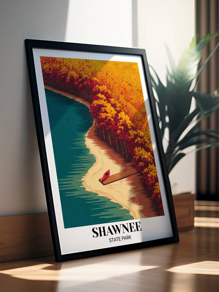 Shawnee State Park Ohio art print featuring a modern aerial drone view of the lake shoreline with vibrant red and gold autumn trees in a satisfying geometric composition.
