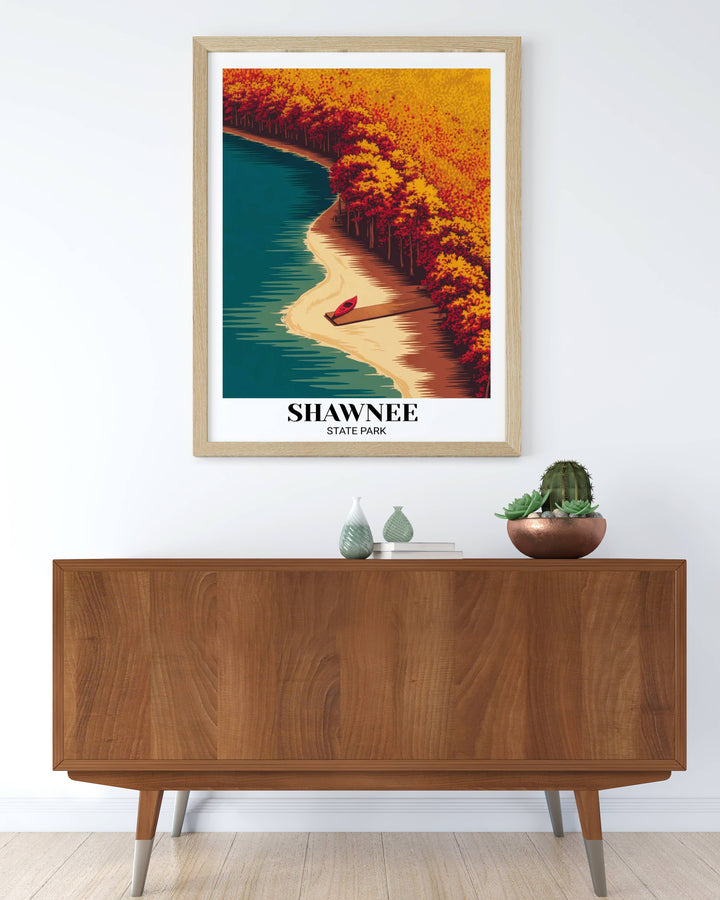 Abstract Ohio nature art showing a top-down perspective of the Shawnee forest meeting deep blue lake water, styled in a minimalist frame for a contemporary living room space.