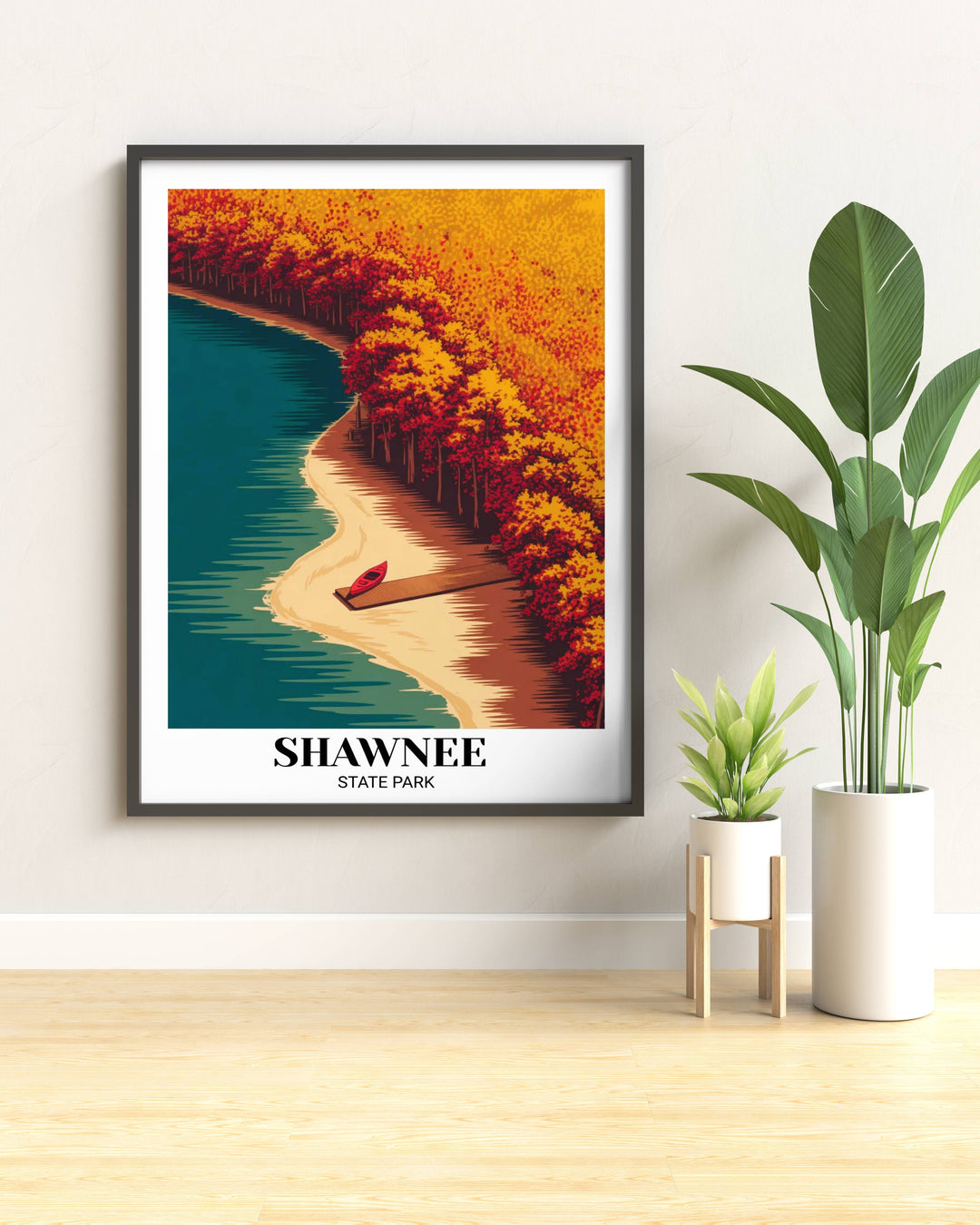 Unique Ohio travel gift featuring a graphic illustration of the Shawnee State Park shoreline, rendered in a sophisticated high-contrast style with bold, clean serif typography.