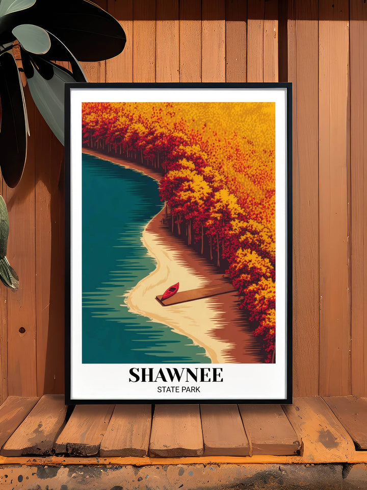 High-quality Shawnee State Park art print featuring a serpentine beach line and dense autumn trees, designed to be a centerpiece in a modern office or minimalist gallery wall.