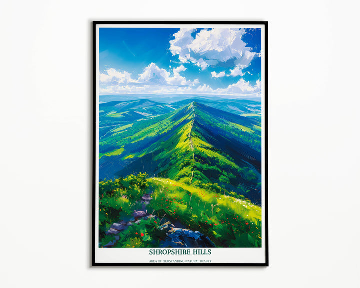 Elegantly designed, this Shropshire Hills gift art serves as a stunning addition to any space, enhancing the ambiance with its depiction of The Long Mynd's vast, rolling hills. It stands not just as a piece of decor but as a tribute to the unique charm of the UK's countryside