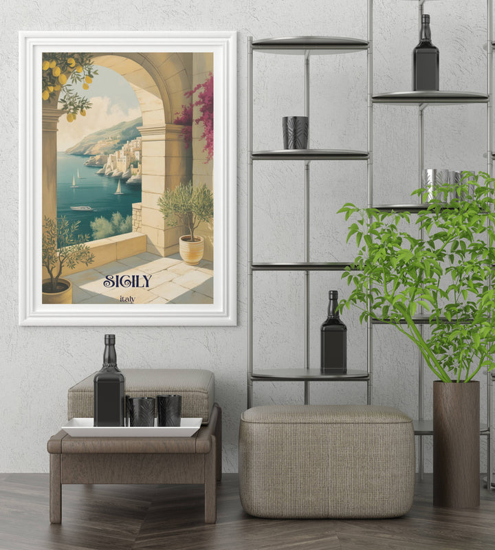 Archival quality Italian landscape print depicting a stone terrace with terracotta potted plants framing a wide panoramic view of the sunny Mediterranean coastline.