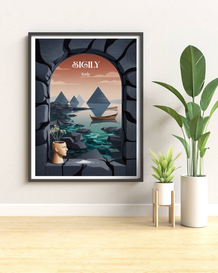 Premium framed canvas wall art of a luxury volcanic island view with rich stone textures overlooking a calm teal sea, ideal for modern minimalist living room decor.