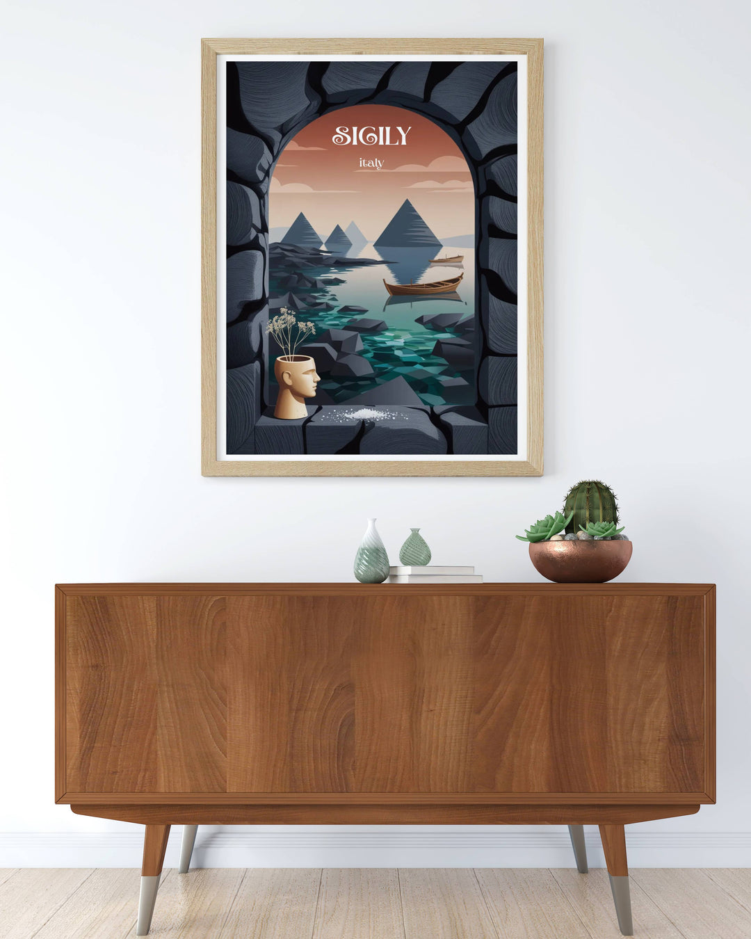 Archival quality Italian landscape print depicting a volcanic rock shore terrace framing a wide panoramic view of the quiet Mediterranean coastline at dusk.