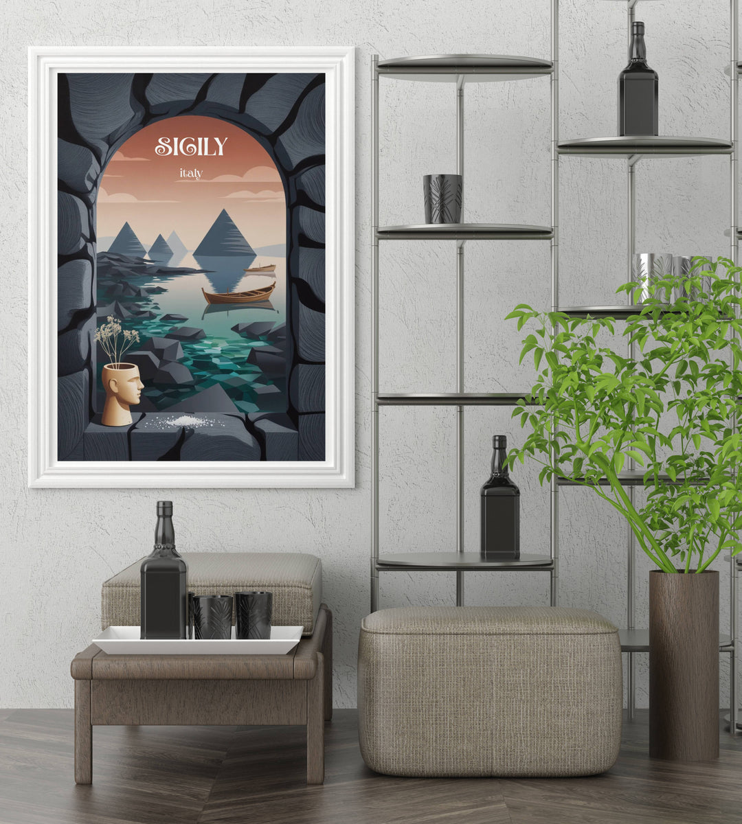 Modern Mediterranean wall art displaying an architectural dark stone archway framing a scenic view of volcanic islands resting beside a peaceful turquoise sea.