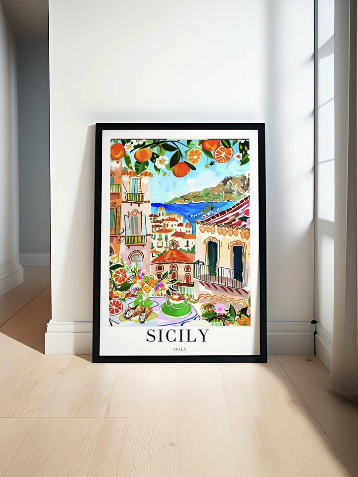 Crisp graphic design of a Sicily waterfront village with wrought-iron balconies, styled beautifully on a clean gallery wall.