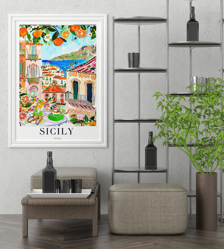 Artistic Sicily decor showcasing the contrast between the historic hillside town and the shimmering blue Mediterranean Sea.
