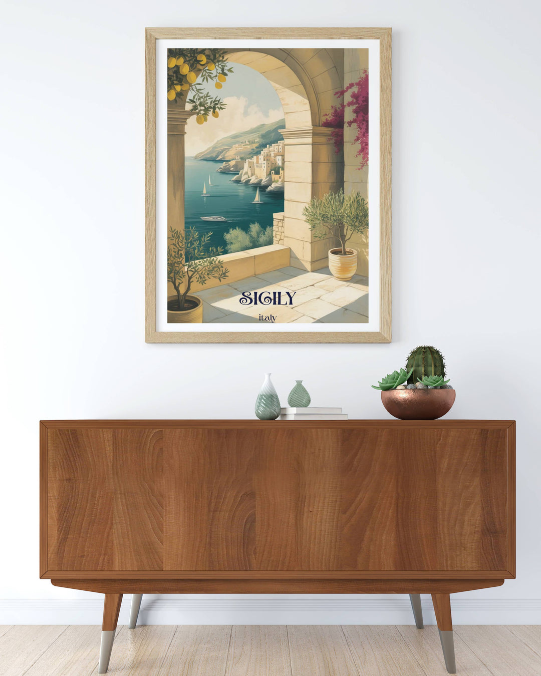 Sophisticated museum-style travel poster showing a detailed vector art scene of a classic European seaside town with green window shutters and ancient stone textures.