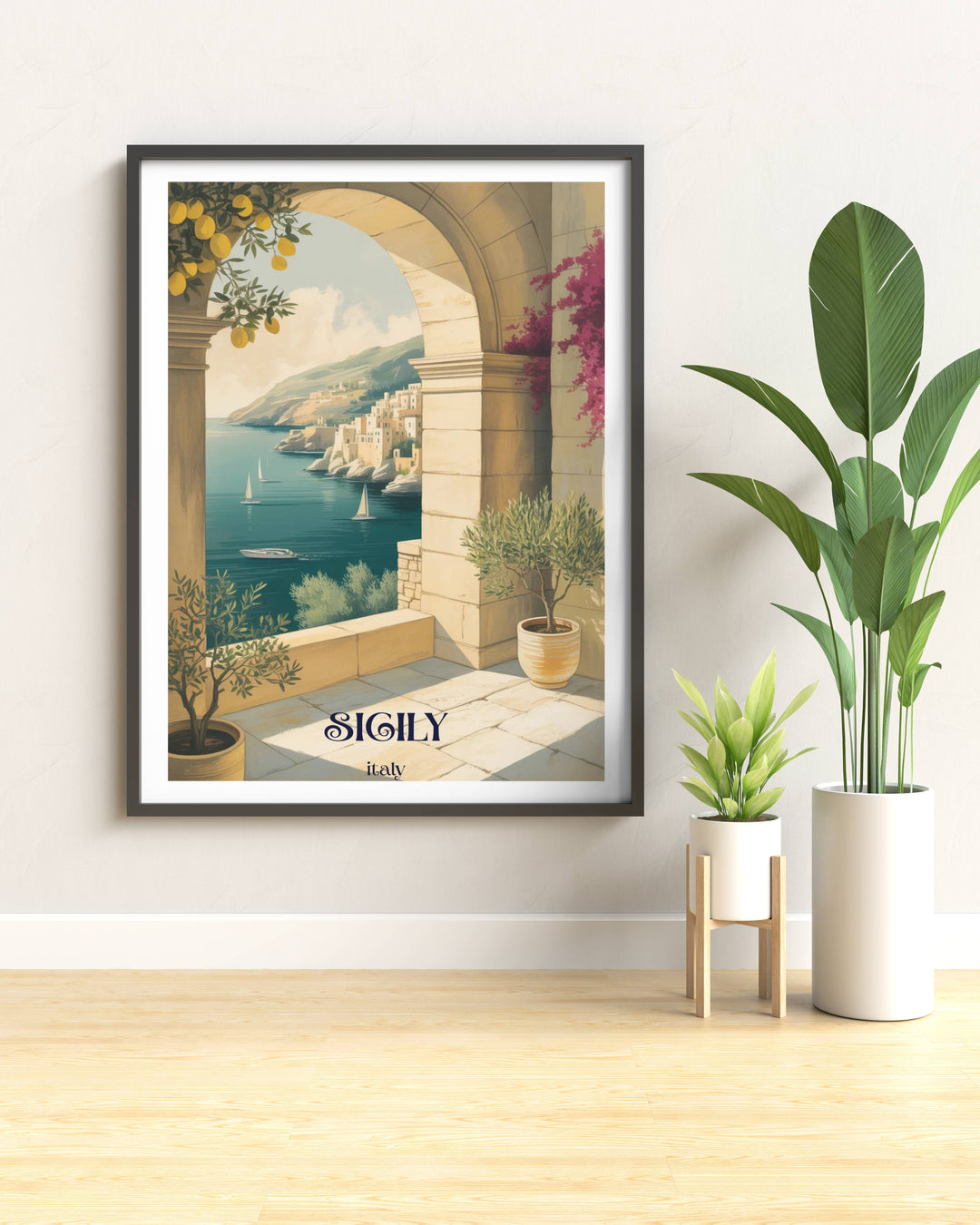 Premium framed canvas wall art of a luxury Italian villa balcony with rich textures overlooking a calm blue sea with sailboats, ideal for modern living room decor.