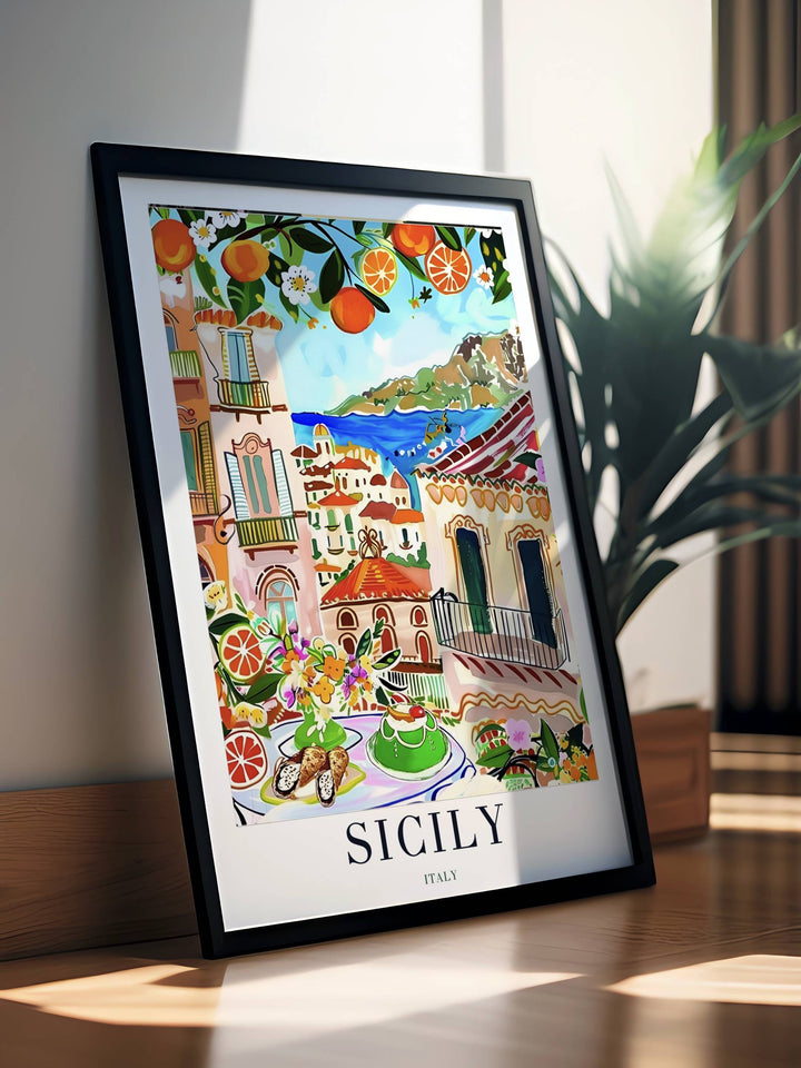 Side angle perspective of a professionally framed Sicily travel print, highlighting the clean edge details of the black frame.
