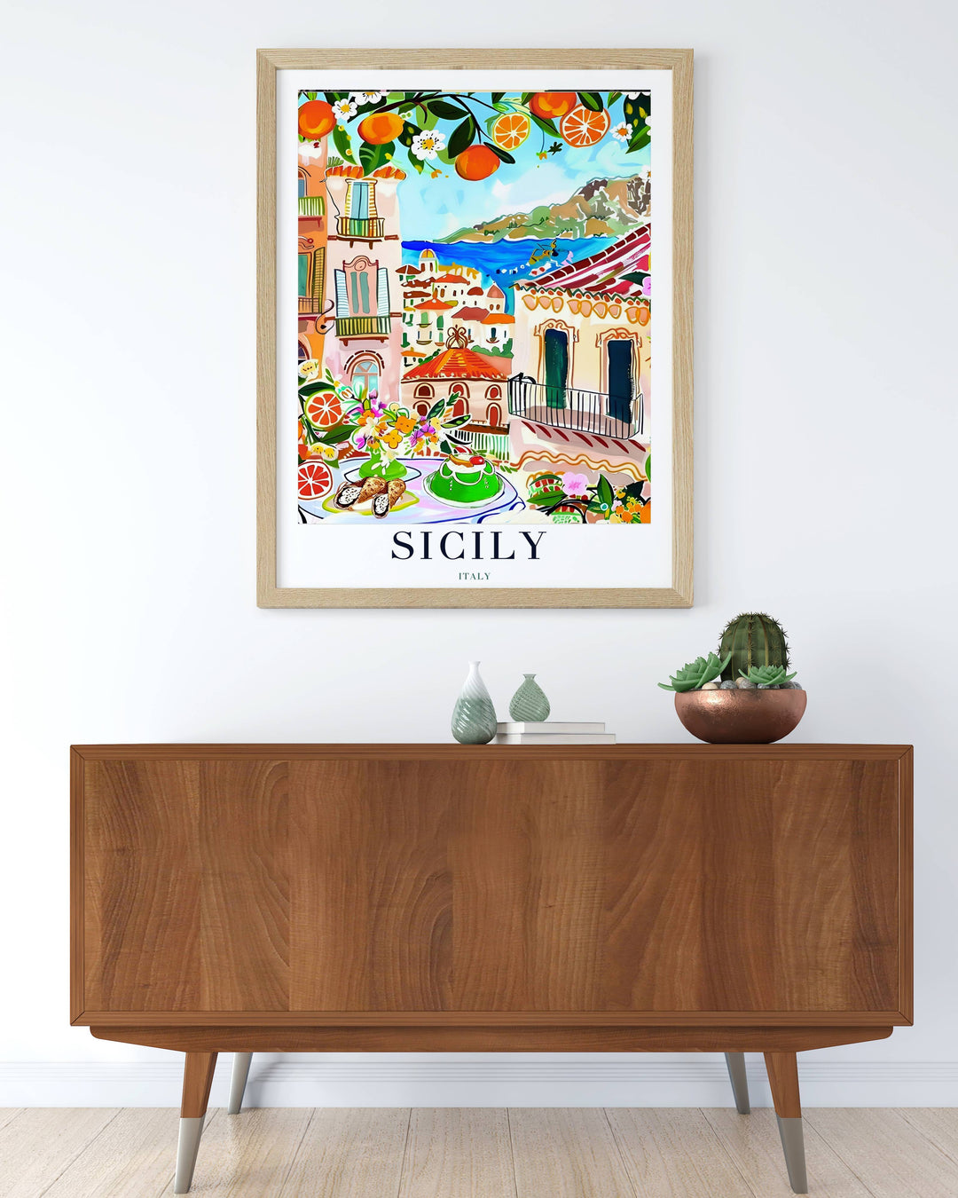Graphic art print of a serene Sicily dining terrace during peak daylight, making an ideal holiday gift for Italian food lovers.