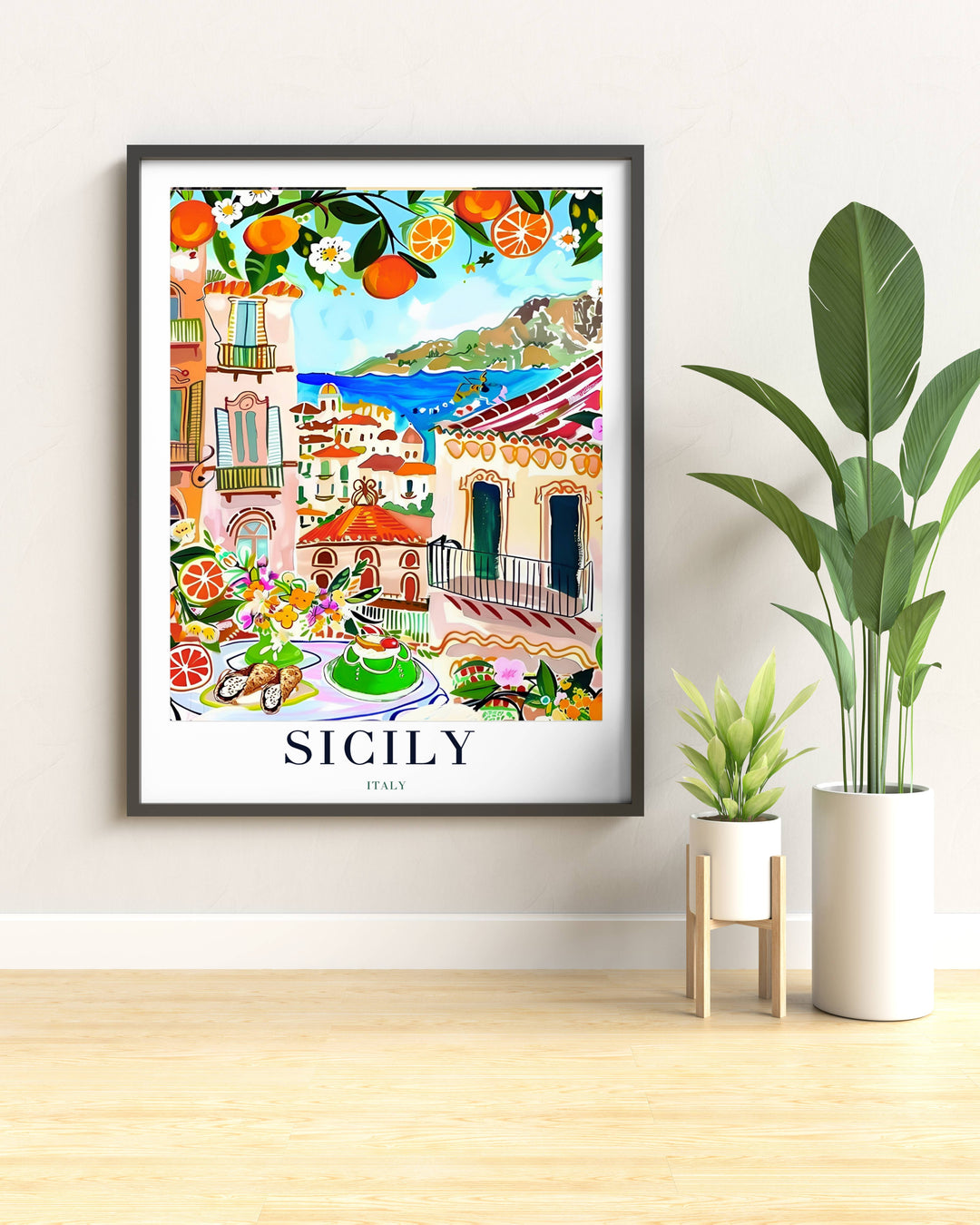 Vibrant Sicily coast and village poster bringing a refreshing splash of southern European wanderlust into a modern dining space.