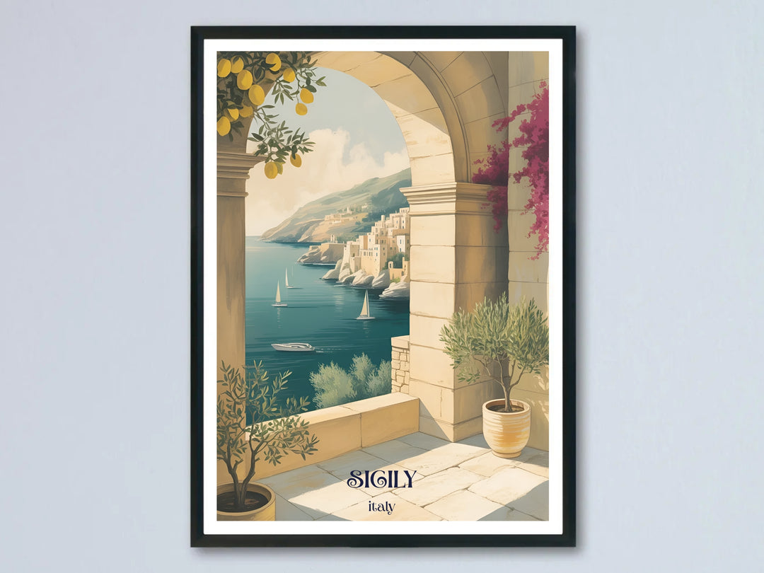 An elegant vertical travel poster of coastal Sicily, Italy, featuring a sun-drenched stone balcony overlooking a deep blue Mediterranean sea with white sailboats under a clear sky.