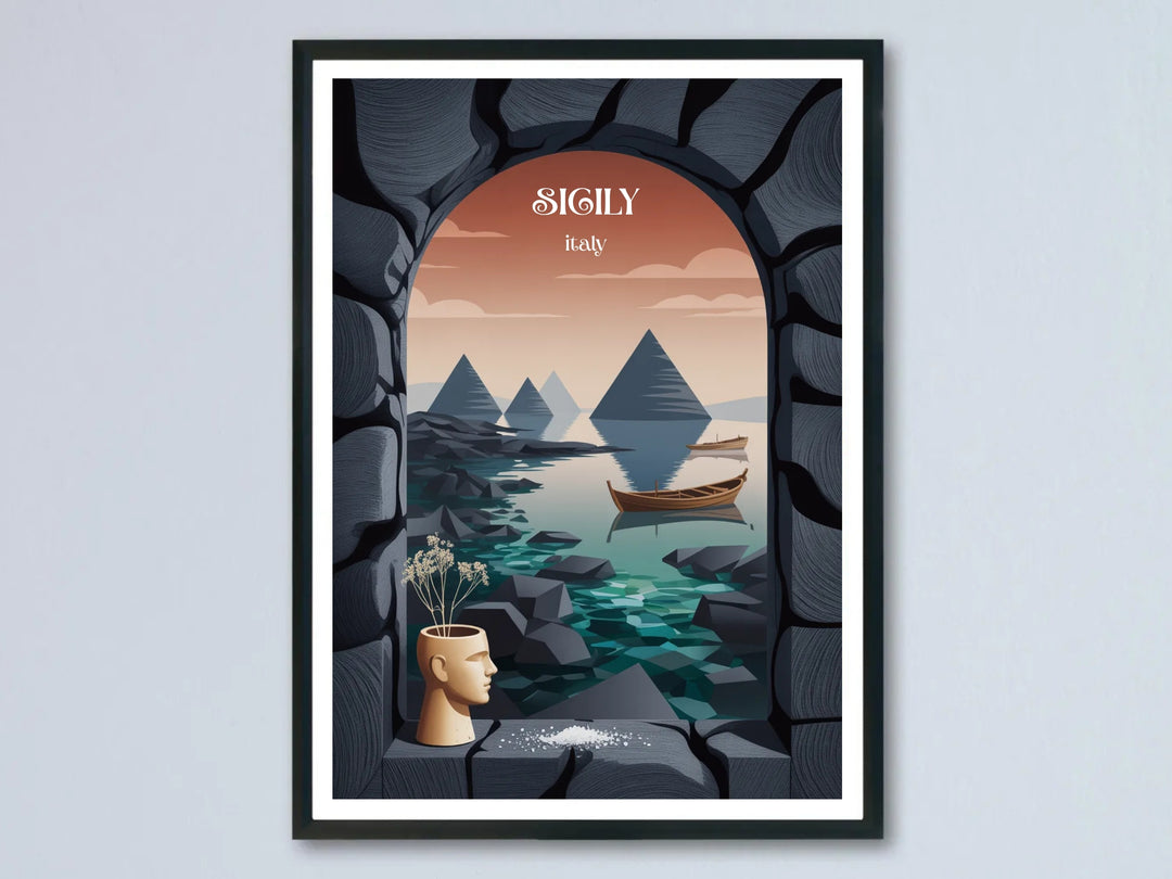 A moody atmospheric travel print of a volcanic Italian island framed by a dark textured lava stone portal archway with a minimalist face vase sitting on the window ledge.