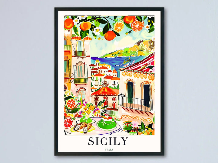 Retro travel poster of Sicily featuring a hillside town and orange trees, beautifully displayed in a black frame on a neutral wall.
