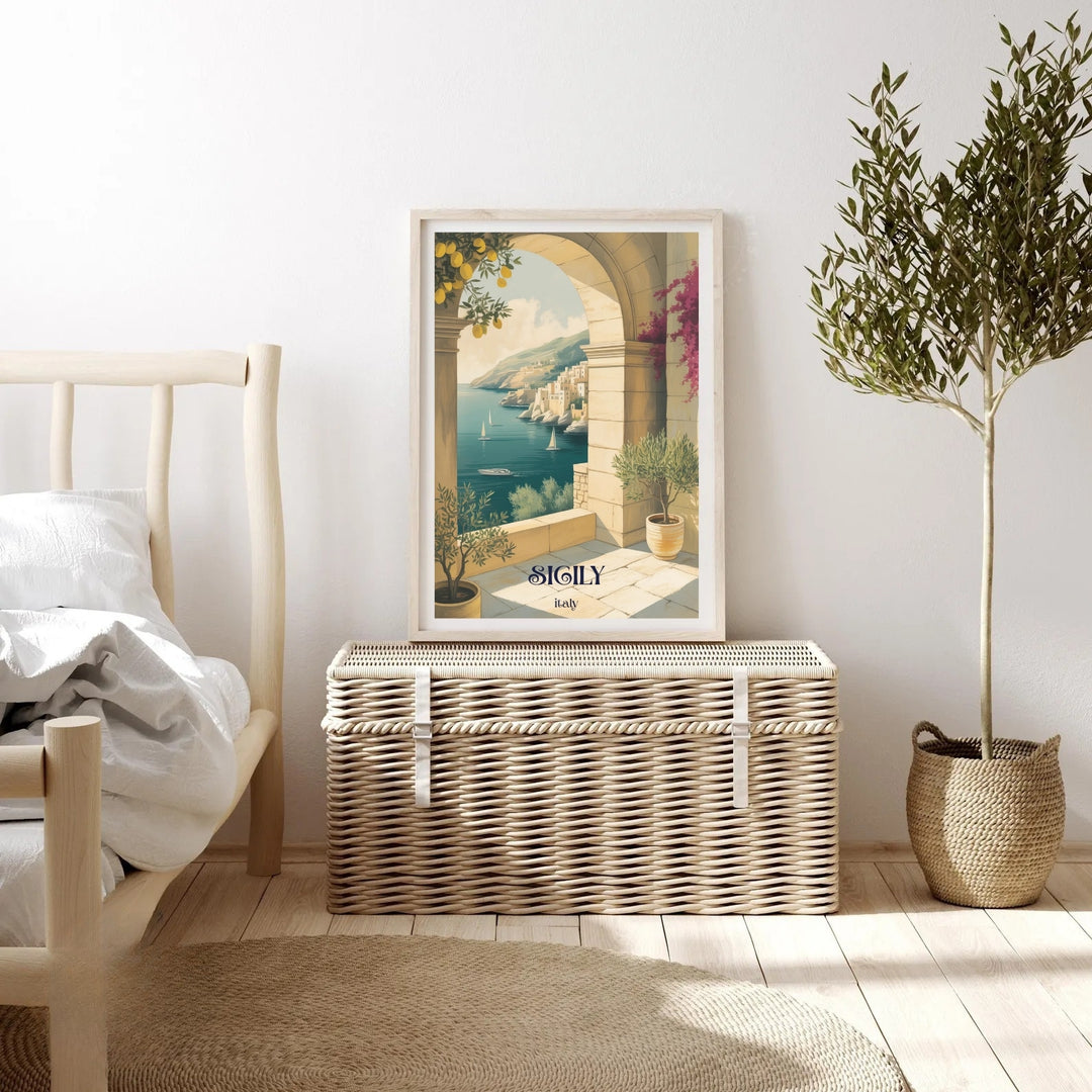 Editorial quality travel art print of a scenic Mediterranean hillside village with neutral cream buildings cascading down to a calm turquoise bay with small yachts.