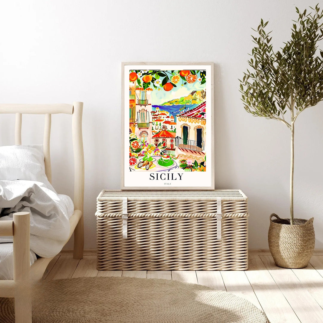 Detailed close-up view of a Sicily graphic print, highlighting the historic stucco buildings and terracotta roofs.
