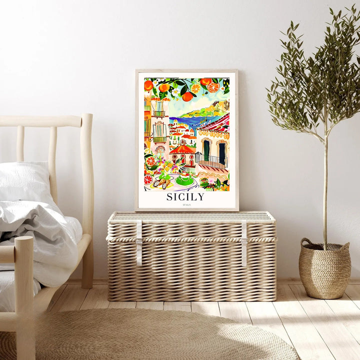 Detailed close-up view of a Sicily graphic print, highlighting the historic stucco buildings and terracotta roofs.
