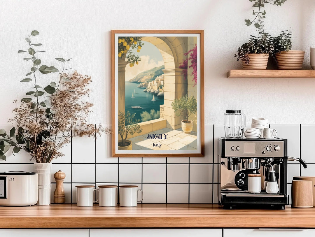 High-end travel poster featuring sophisticated typography reading Sicily Italy set against a beautiful hand-painted coastal landscape scene with olive trees in pots.