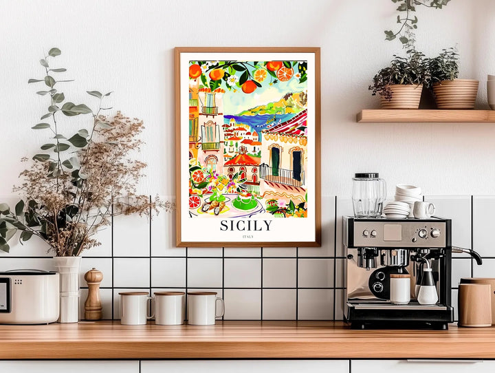 Framed Sicily wall art with vibrant orange groves and blooming blossoms, perfect for a bright rustic kitchen decor layout.