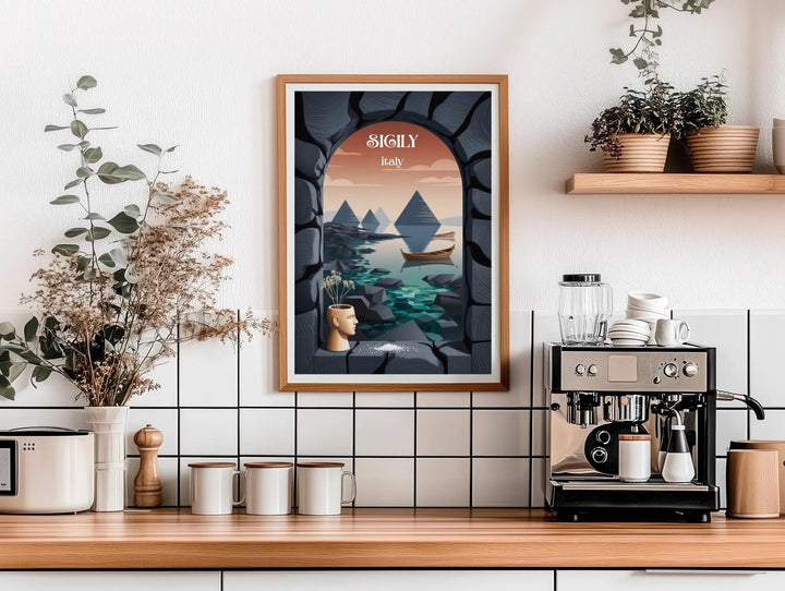 An elegant vertical travel poster of coastal Italy featuring an abstract stone portal view overlooking a deep blue sea with a minimalist ceramic vase on the ledge.