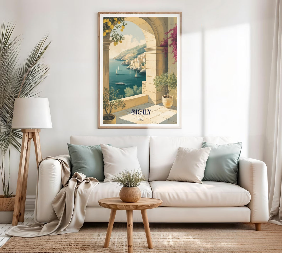 Contemporary geometric illustration of dramatic cone-shaped volcanic mountains rising from a tranquil sea under a soft terracotta and pastel pink gradient sunset sky.