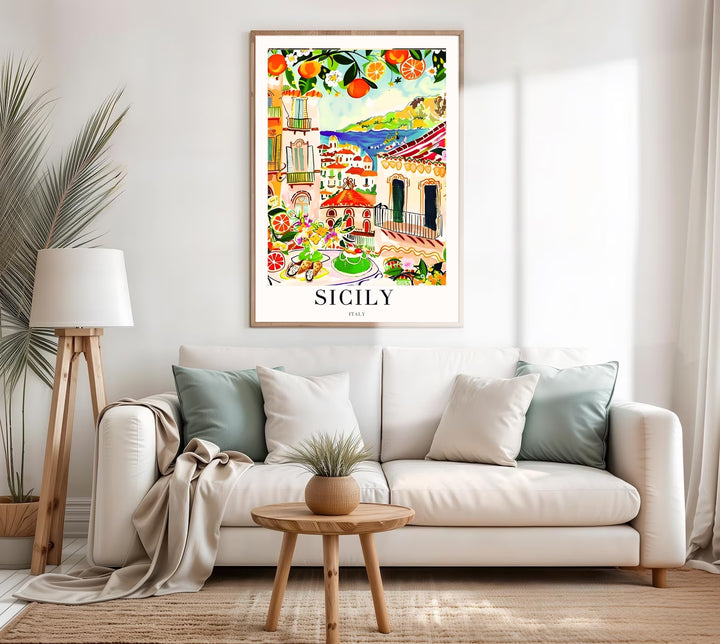 Illustrative Sicily scenery print with a sun-drenched palette of citrus orange, deep sea blue, and warm cream tones.