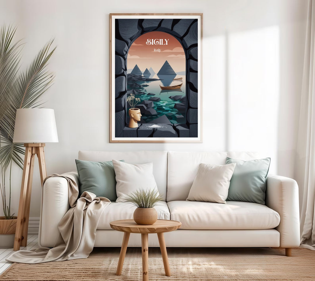 Sophisticated museum-style travel poster showing a detailed textured art scene of a classic European volcanic island coast with calm water and clean lines.