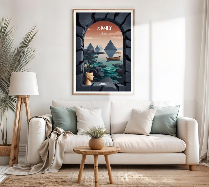 Sophisticated museum-style travel poster showing a detailed textured art scene of a classic European volcanic island coast with calm water and clean lines.
